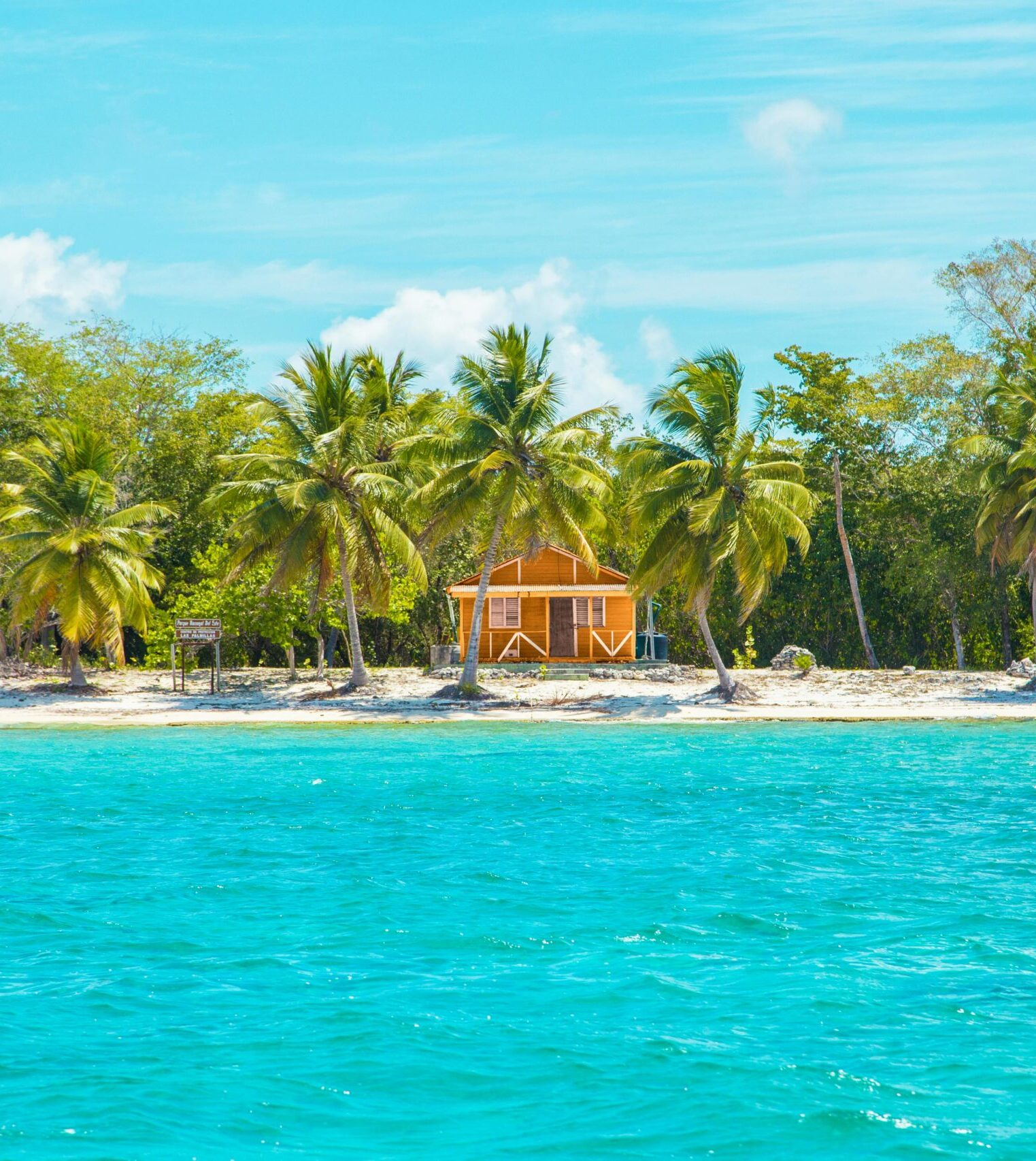 Idyllic cabin on a tropical beach in La Altagracia, Dominican Republic, surrounded by palm trees and turquoise waters.